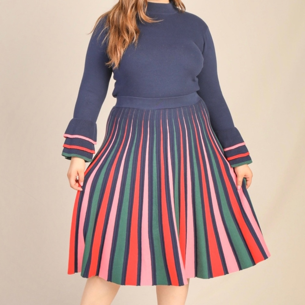 NWT Skies Are Blue Plus Size Navy Blue Knit Multicolored Pleated Midi Skirt